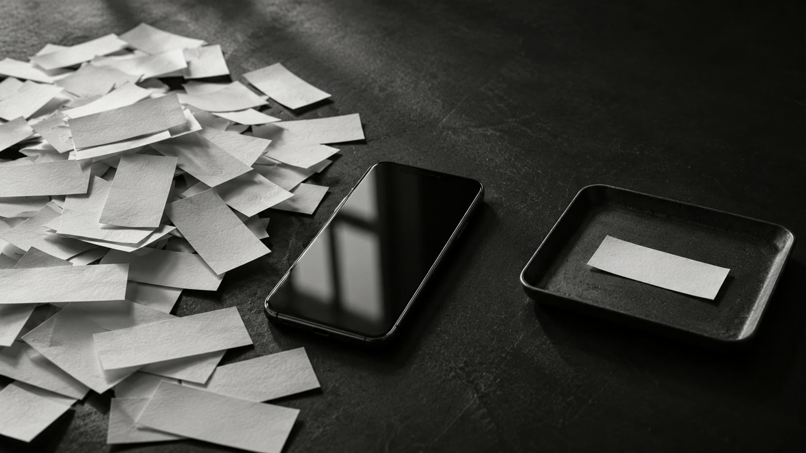 Una pila de papeles en blanco, un celular apagado y un solo papel aparte en una bandeja: muchas consultas y una que sirve.